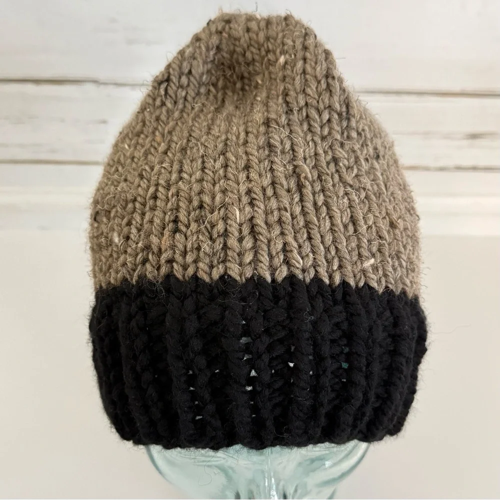 Handmade Knit Beanie – Taupe & Black Cozy Winter Hat